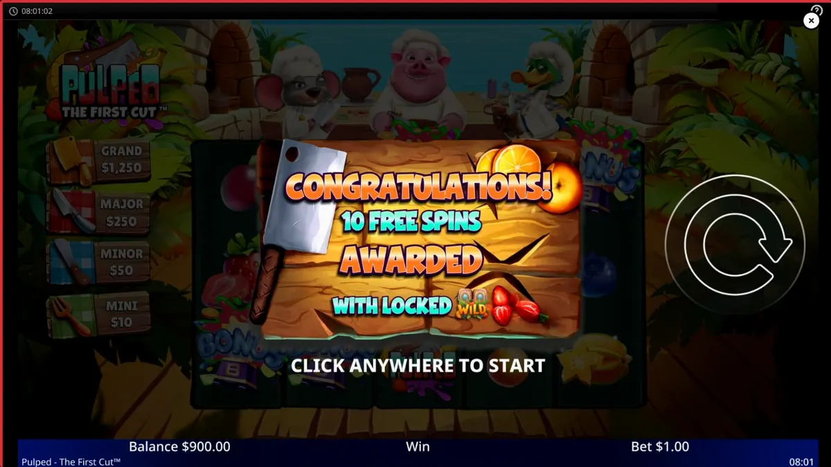 Tampilan antarmuka game slot Pulped: The First Cut dengan tema dapur tropis yang ceria.