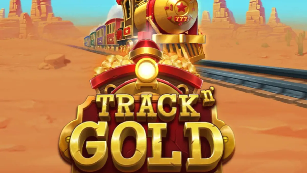 Tampilan visual slot Track’n Gold dengan latar belakang kereta api di gurun